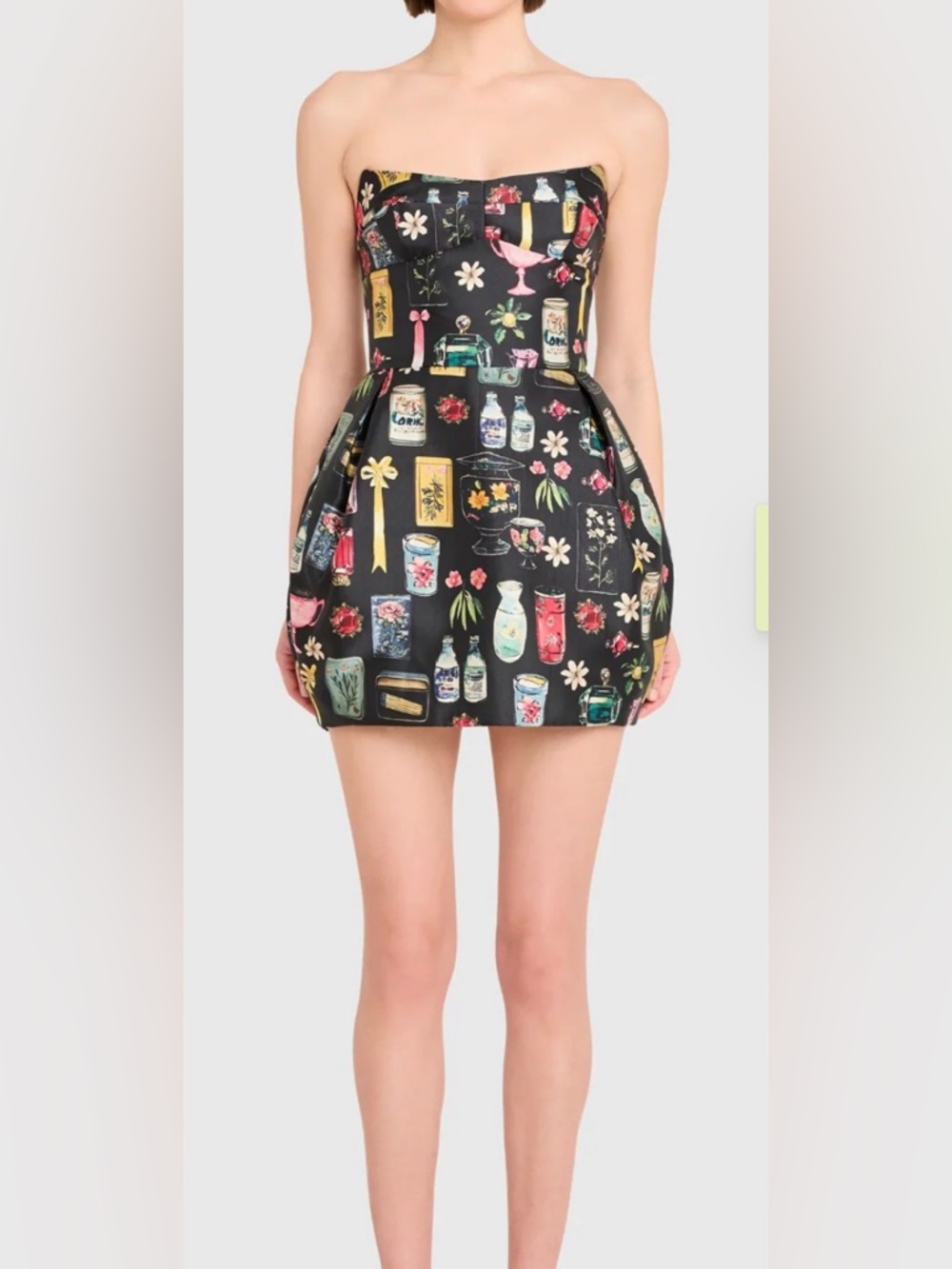 Amanda Uprichard Black Strapless Mini Dress with Multicolor Print
